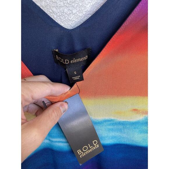 NWT Bold Elements sheer mesh multicolor midi dress size S cap sleeve vneck vacay - Picture 3 of 6